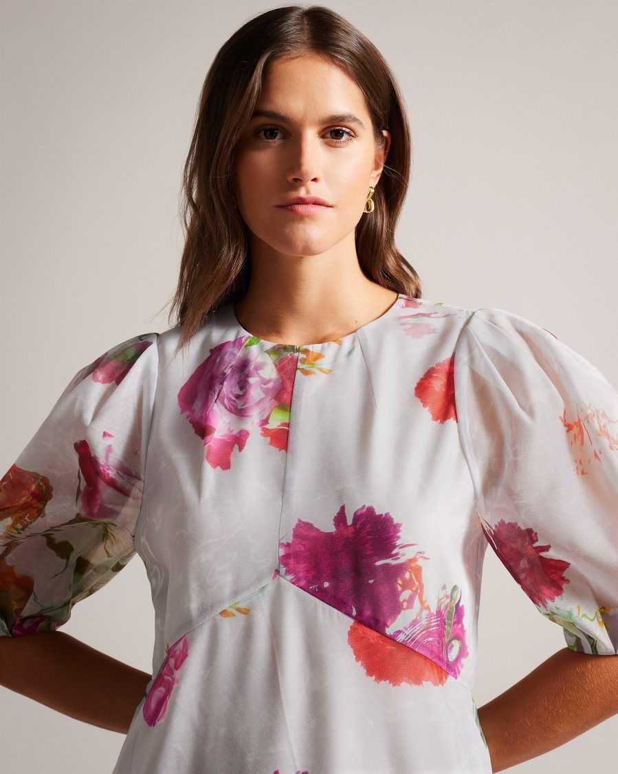 Ted Baker Mekayla Empire Line Midi Dress With Puff Sleeve White | 82041-RGFL