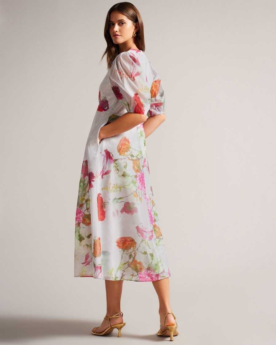 Ted Baker Mekayla Empire Line Midi Dress With Puff Sleeve White | 82041-RGFL