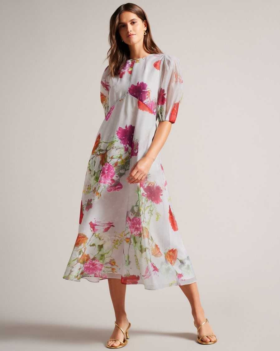 Ted Baker Mekayla Empire Line Midi Dress With Puff Sleeve White | 82041-RGFL