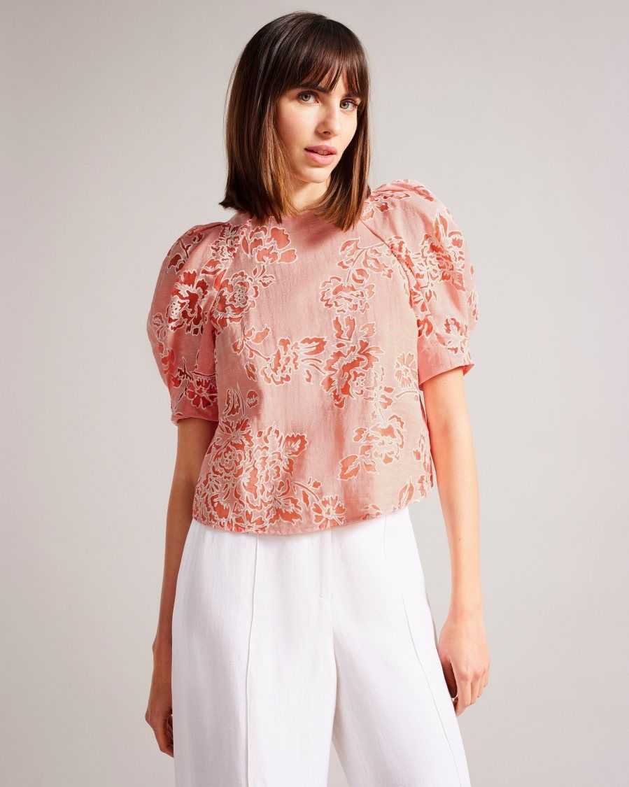 Ted Baker Meliiha Puff Sleeve Boxy Top Coral | 04731-WGJK