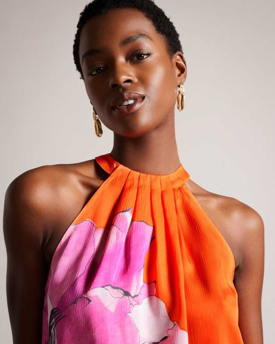 Ted Baker Milenaa Pleated Floral Halter Neck Top Bright Orange | 19036-TFPK