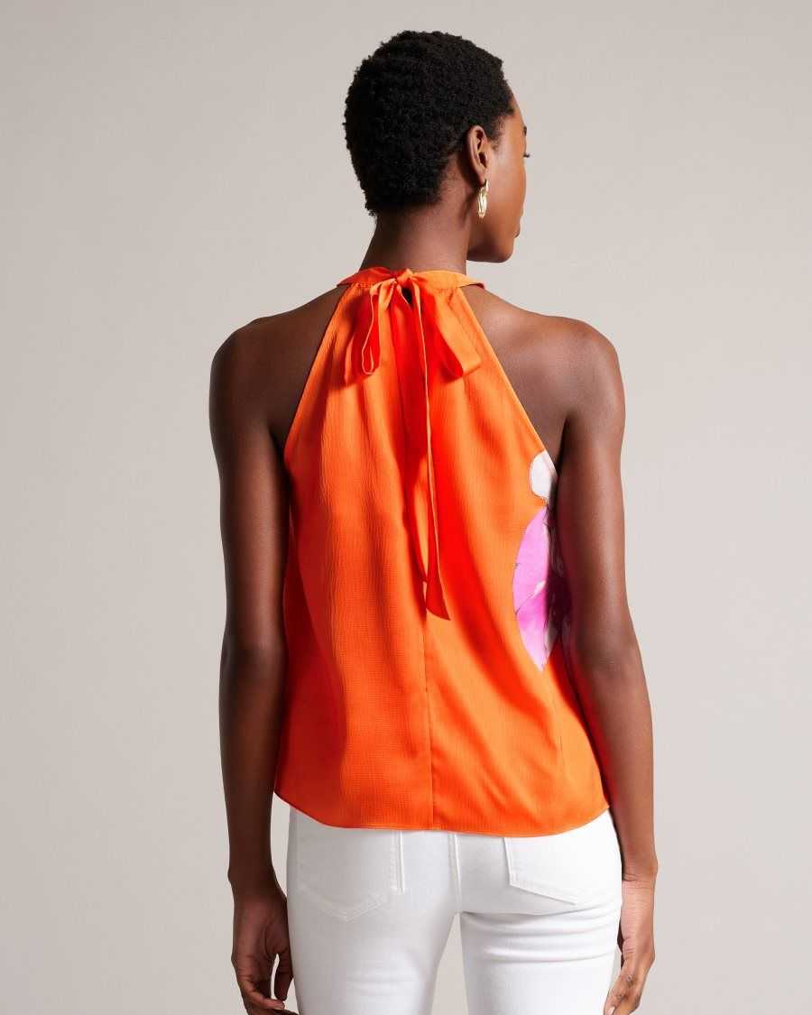 Ted Baker Milenaa Pleated Floral Halter Neck Top Bright Orange | 19036-TFPK