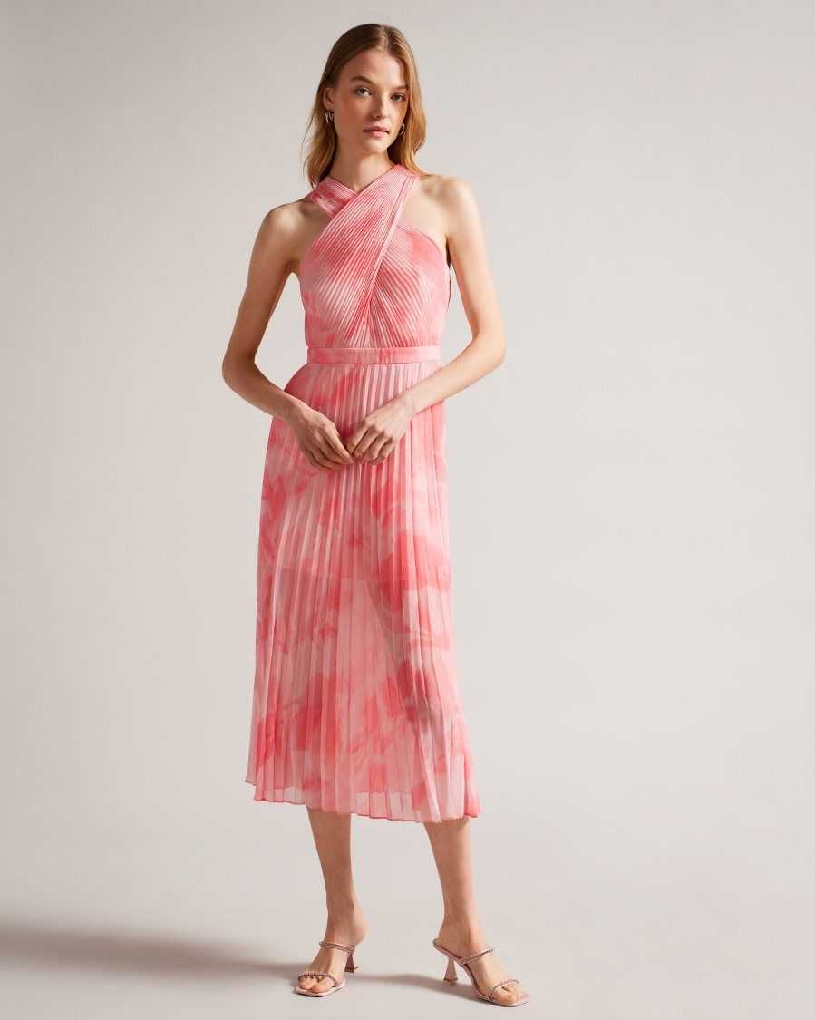 Ted Baker Mirelia Cross Front Pleated Midi Dress Coral | 79123-MLED