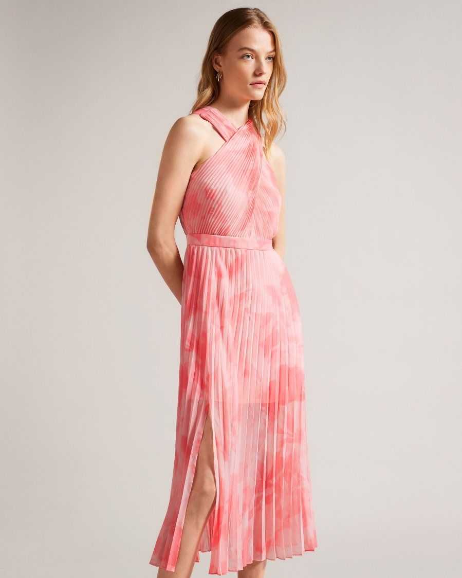 Ted Baker Mirelia Cross Front Pleated Midi Dress Coral | 79123-MLED