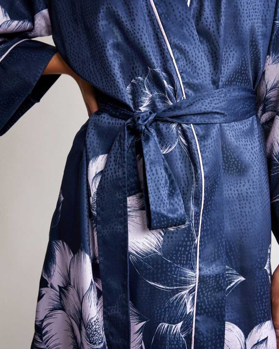 Ted Baker Mogoli Floral Print Satin Robe Navy | 12630-HJEN