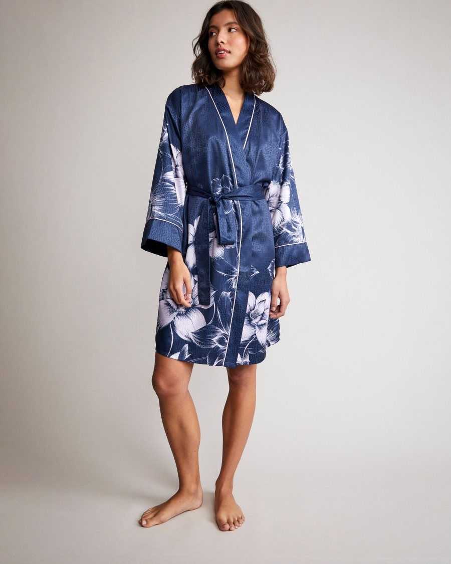 Ted Baker Mogoli Floral Print Satin Robe Navy | 12630-HJEN