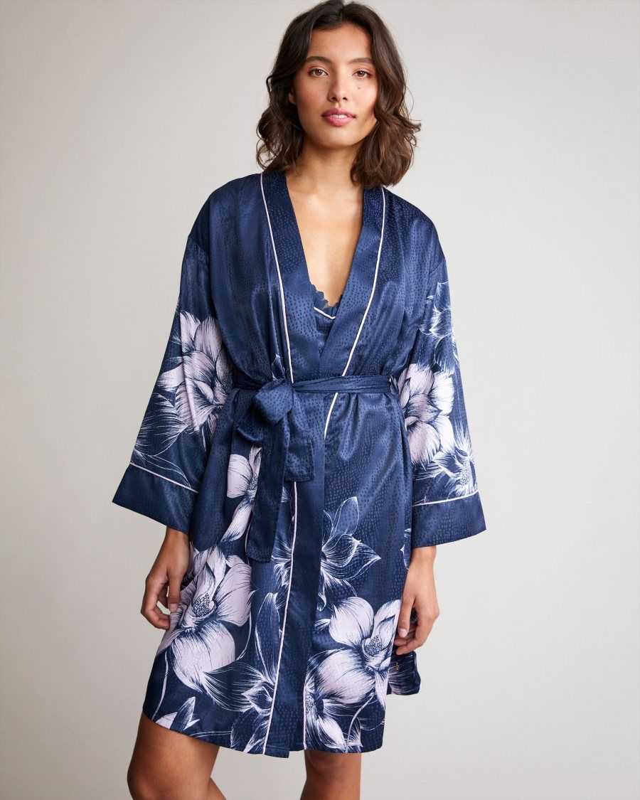 Ted Baker Mogoli Floral Print Satin Robe Navy | 12630-HJEN