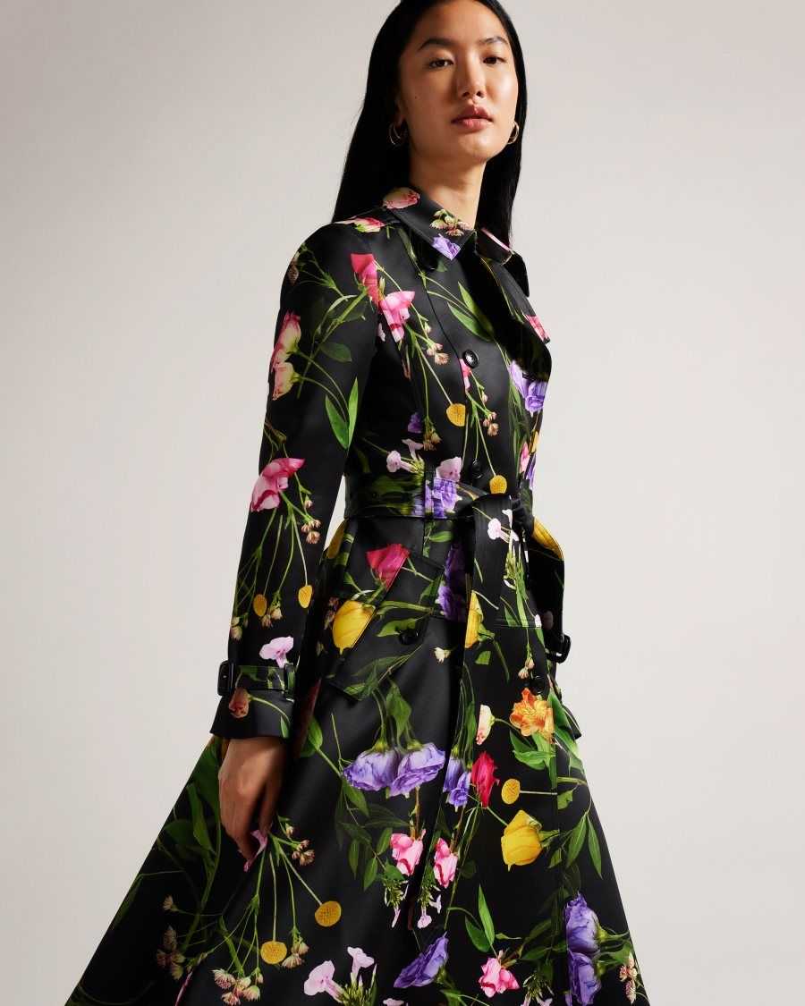 Ted Baker Moiraa Floral Double Breasted Trench Coat Black | 97025-XJWU