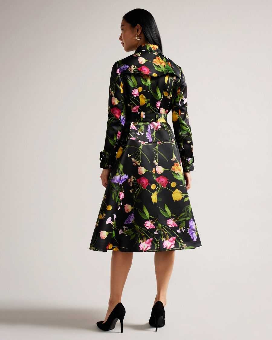 Ted Baker Moiraa Floral Double Breasted Trench Coat Black | 97025-XJWU