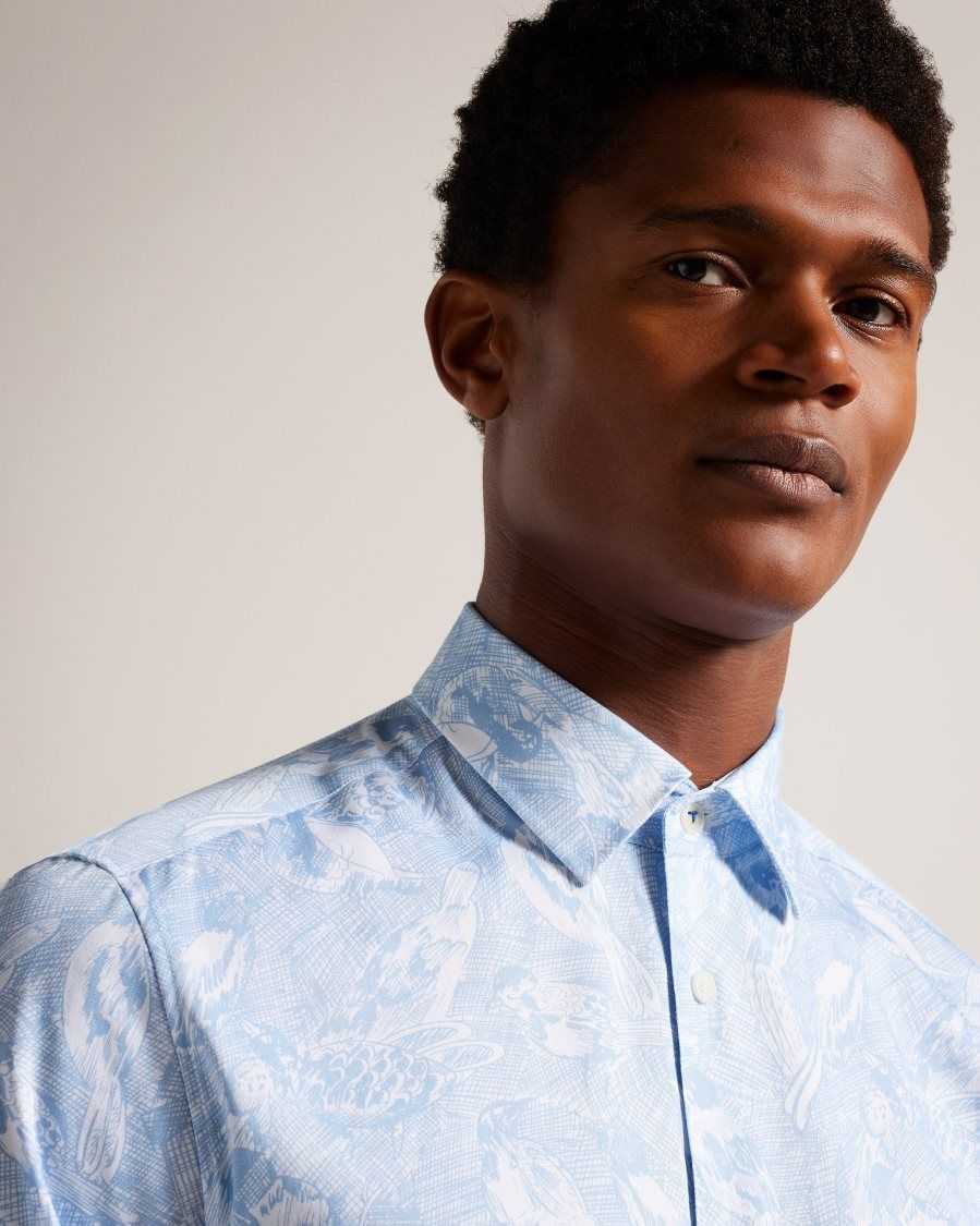 Ted Baker Mullen Long Sleeve Hand Drawn Bird Print Shirt Light Blue | 84630-BWLI