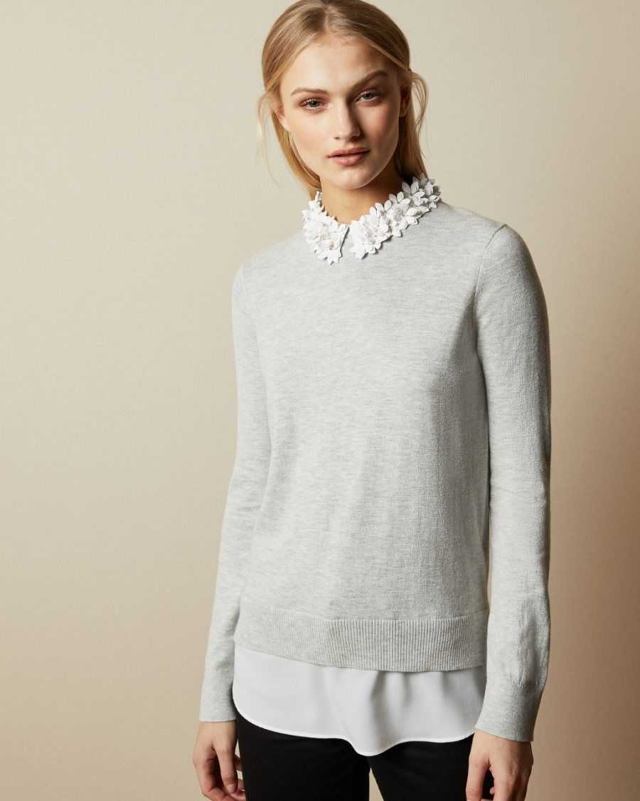 Ted Baker Nansea Floral Collar Mockable Sweater Grey | 12963-FWLN