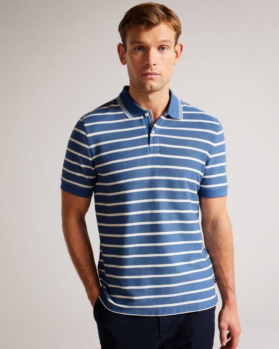 Ted Baker Nivenn Short Sleeve Regular Fit Striped Polo Shirt Dark Blue | 85621-KHMW