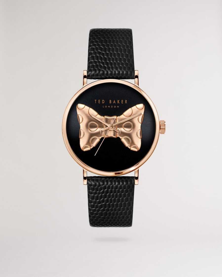 Ted Baker Nortia Bow Dial Leather Strap Watch Black | 02719-BVYX