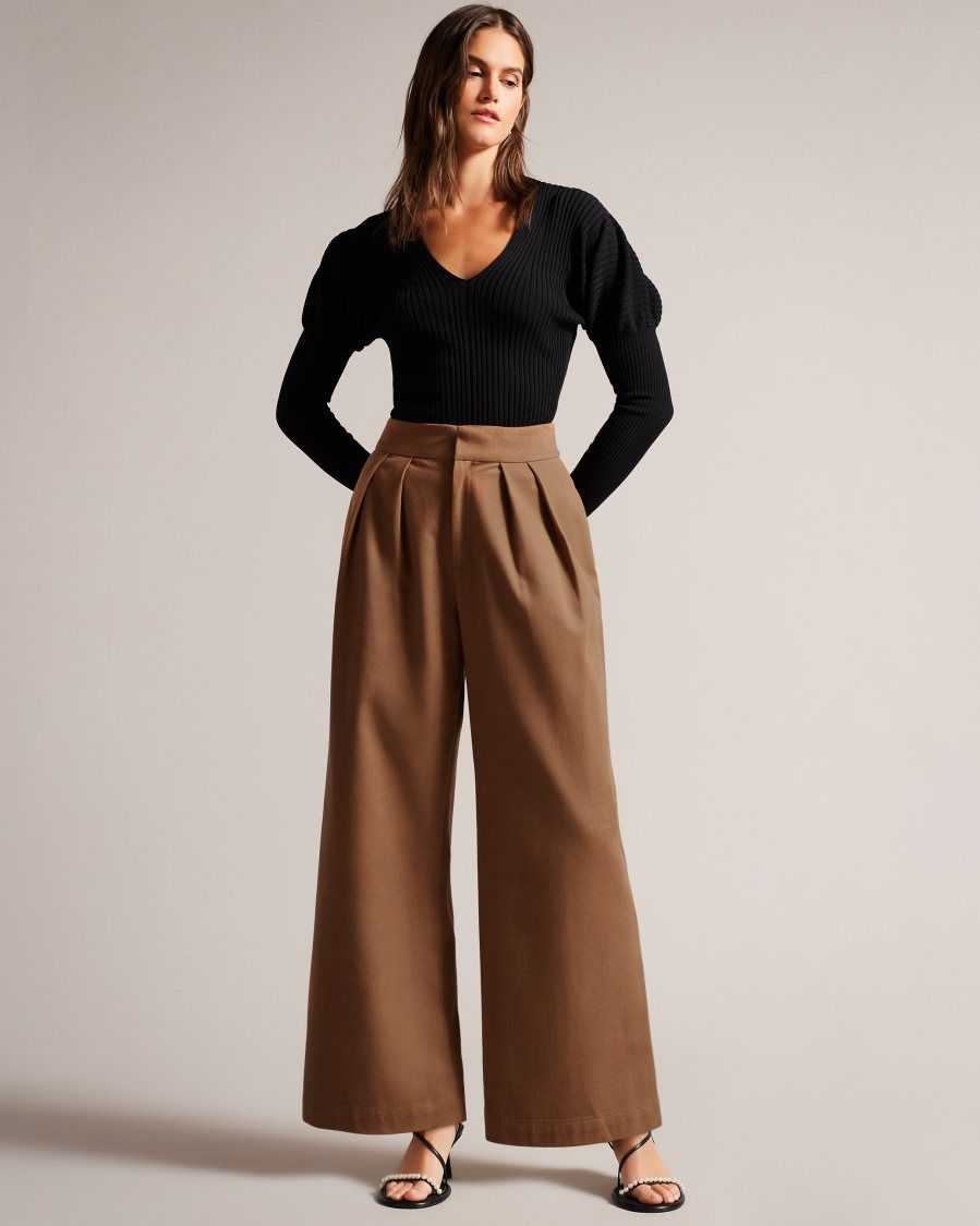 Ted Baker Oaklia Pleated Wide Leg Trousers Tan | 68952-VEQD