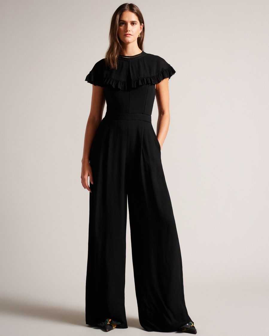 Ted Baker Olivvee Cape Jumpsuit With Ladder Lace Detail Black | 06732-VGJM