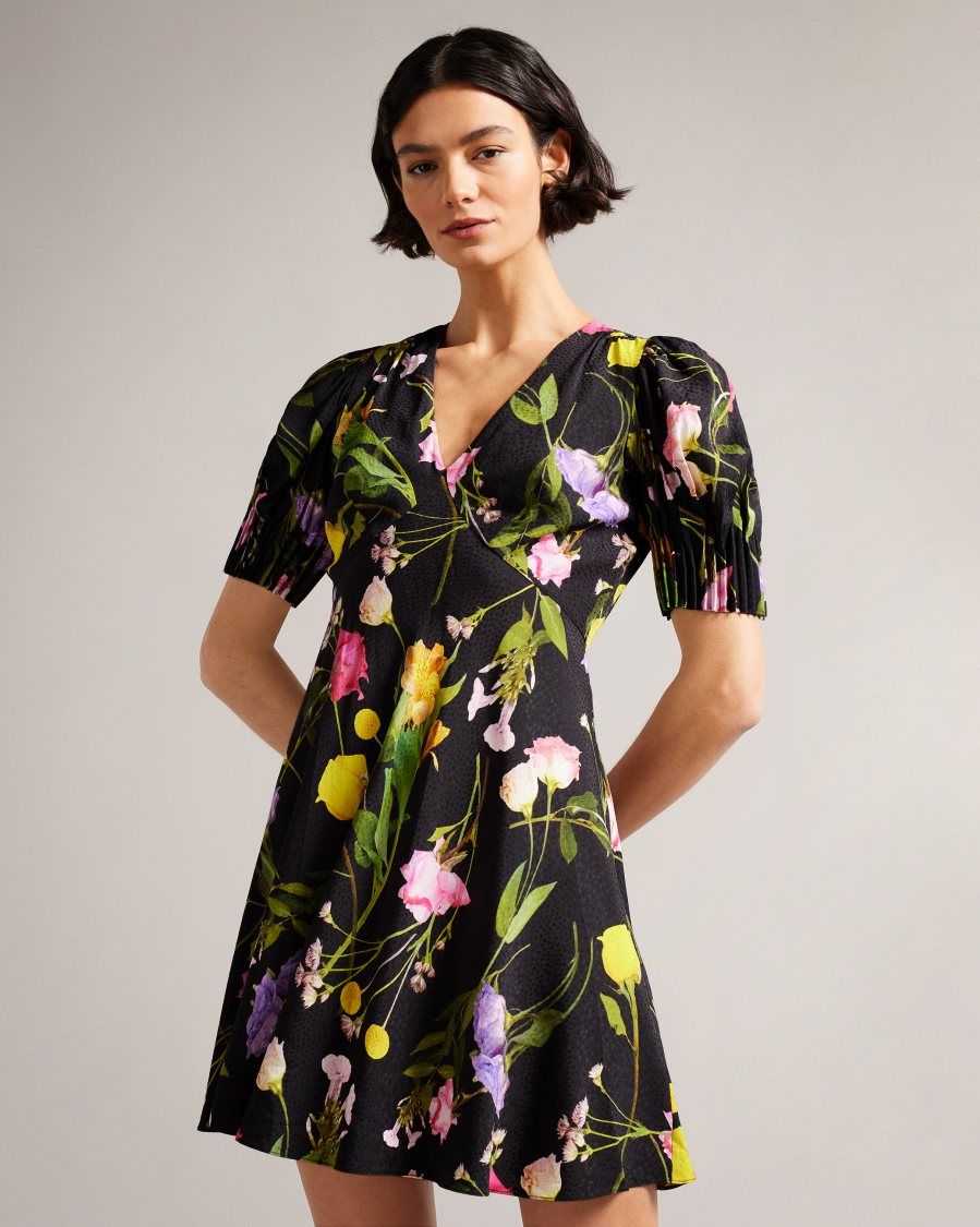 Ted Baker Opallie Mini Puff Sleeve Tea Dress Black | 29516-ISNG