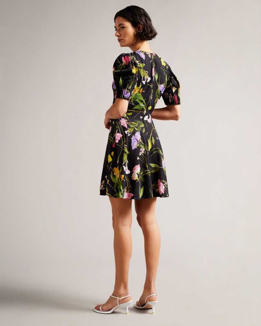 Ted Baker Opallie Mini Puff Sleeve Tea Dress Black | 29516-ISNG