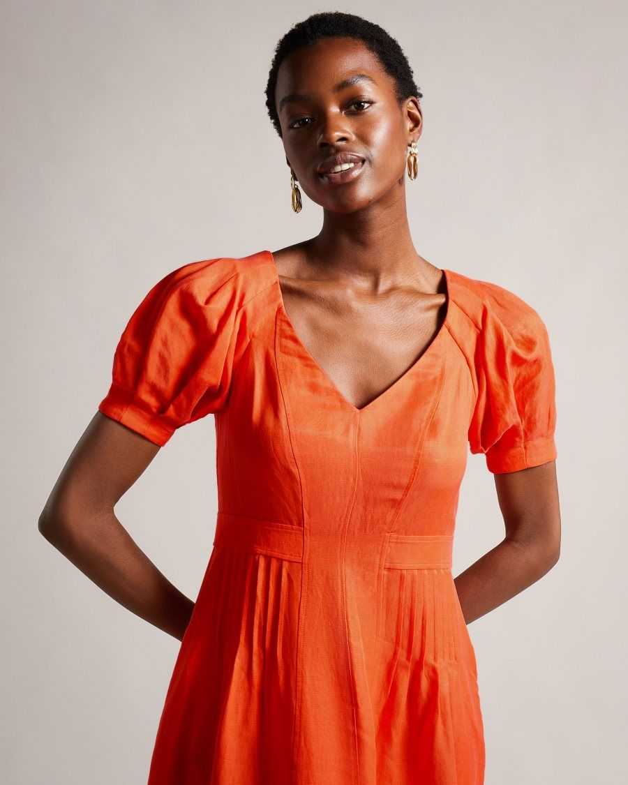 Ted Baker Opalz Fit And Flare Puff Sleeve Midi Dress Bright Orange | 71250-BSTI