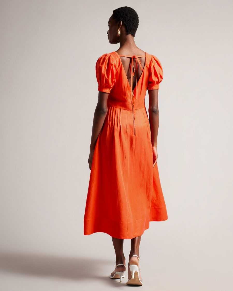 Ted Baker Opalz Fit And Flare Puff Sleeve Midi Dress Bright Orange | 71250-BSTI