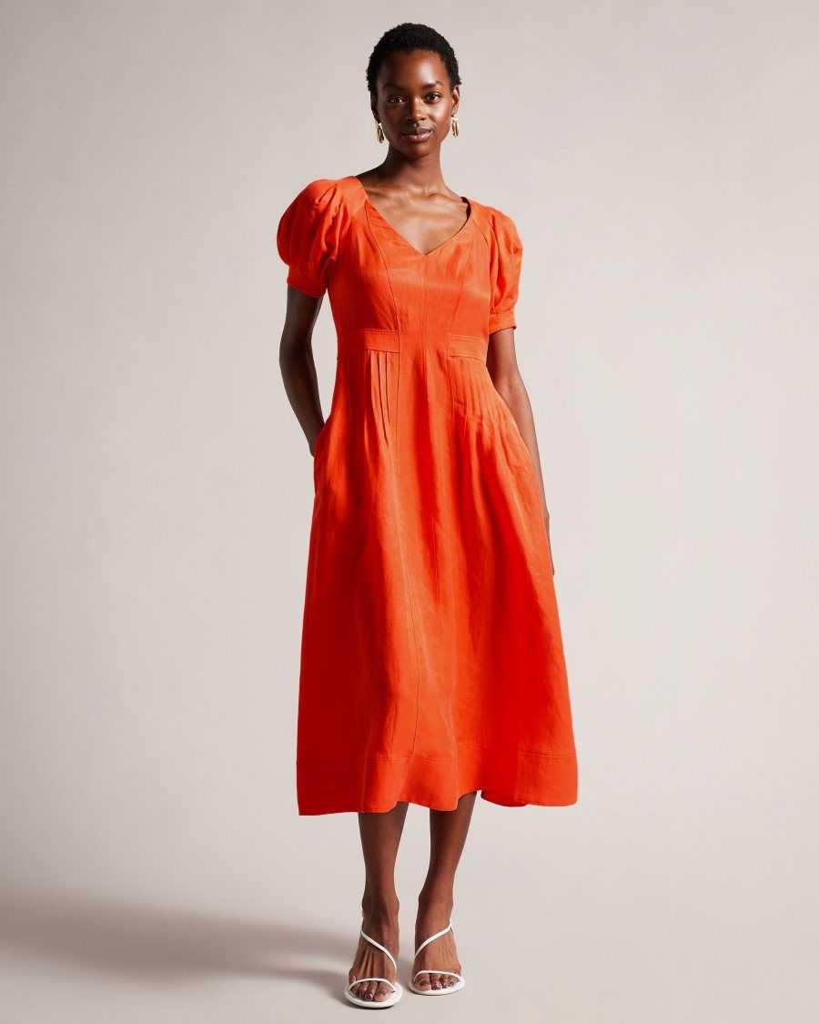 Ted Baker Opalz Fit And Flare Puff Sleeve Midi Dress Bright Orange | 71250-BSTI