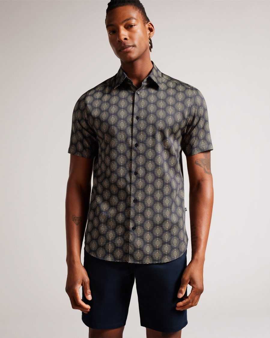 Ted Baker Pearsho Short Sleeve Circle Geometric Shirt Navy | 67213-KMXQ