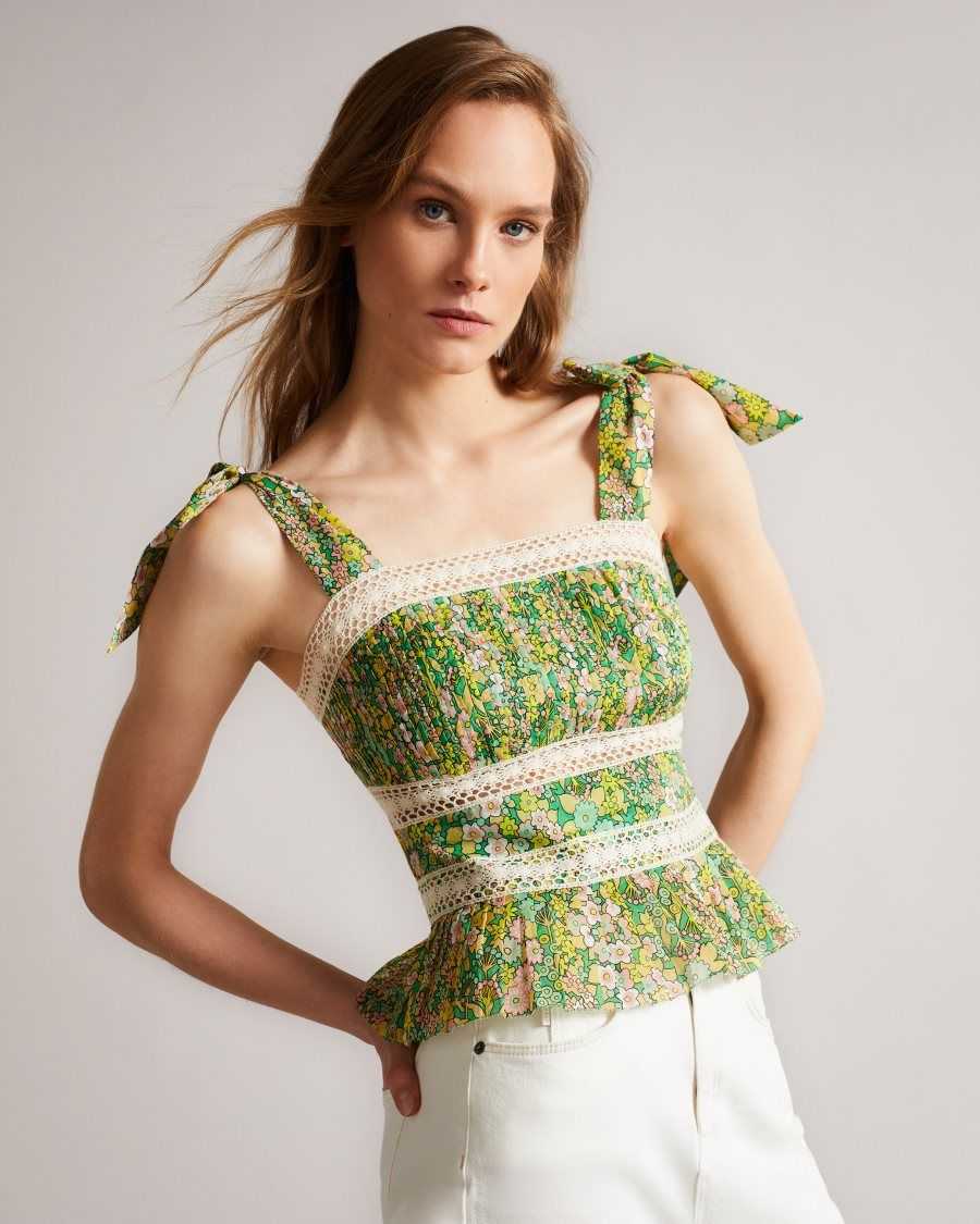 Ted Baker Pela Lace Insert Peplum Top Medium Green | 01467-WLAE