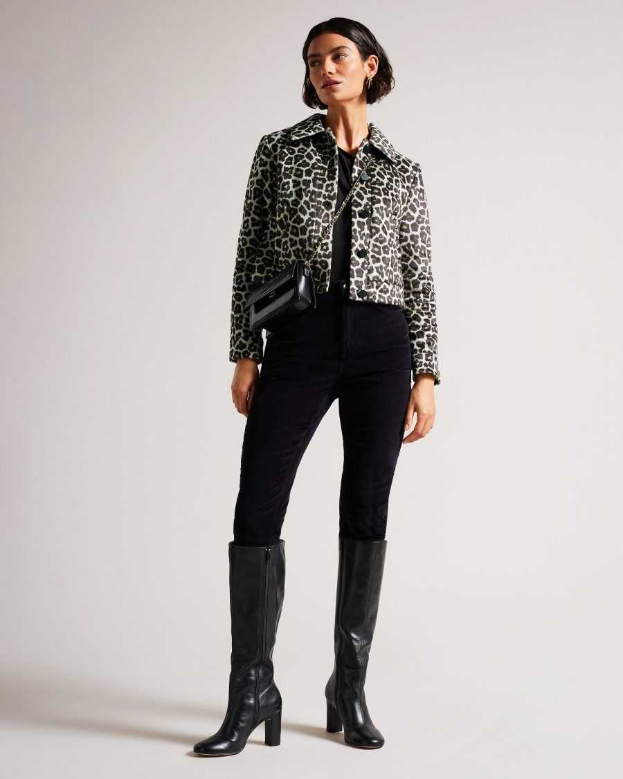 Ted Baker Pelham Cropped Leopard Print Jacket Black | 32079-YHZS