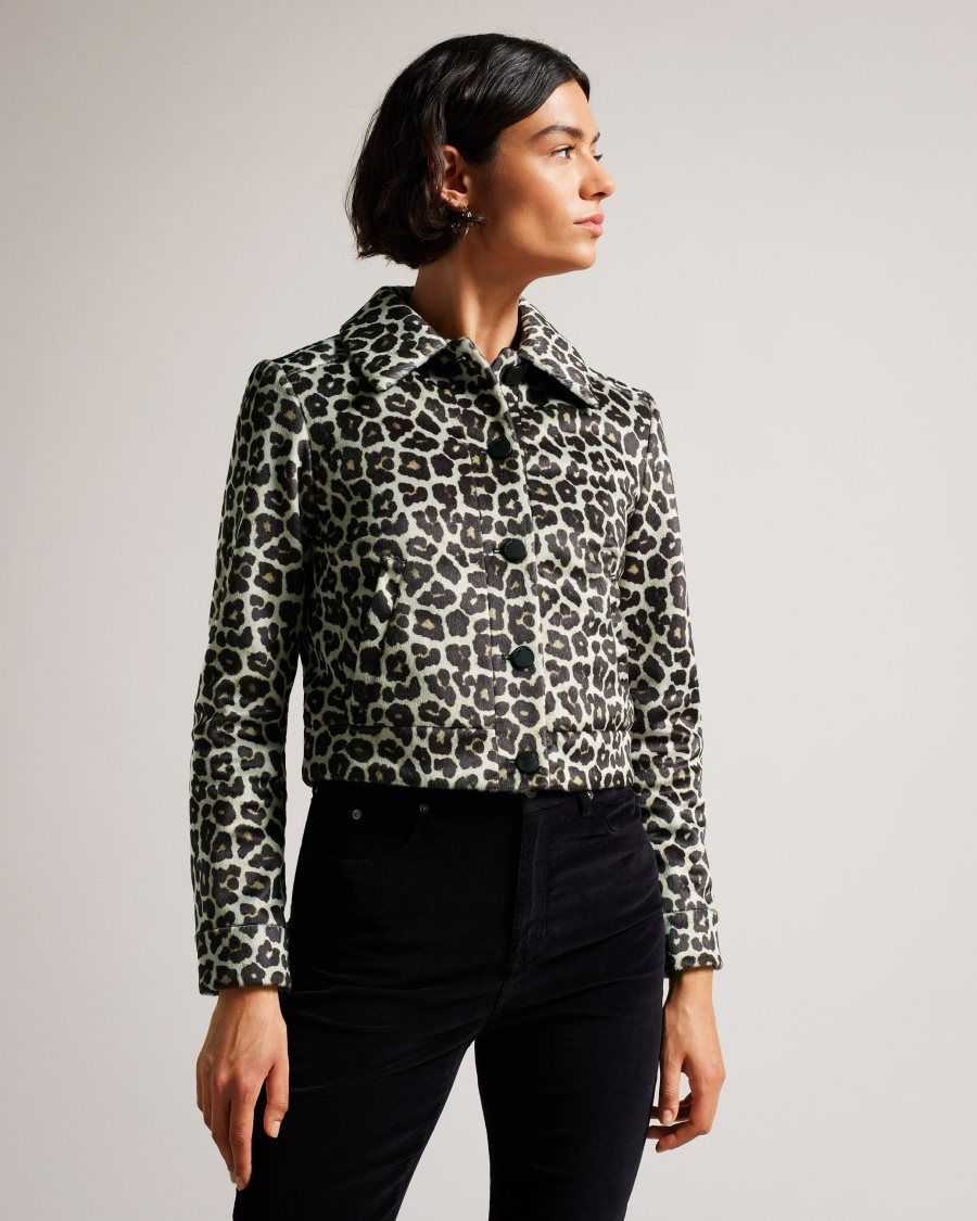 Ted Baker Pelham Cropped Leopard Print Jacket Black | 32079-YHZS