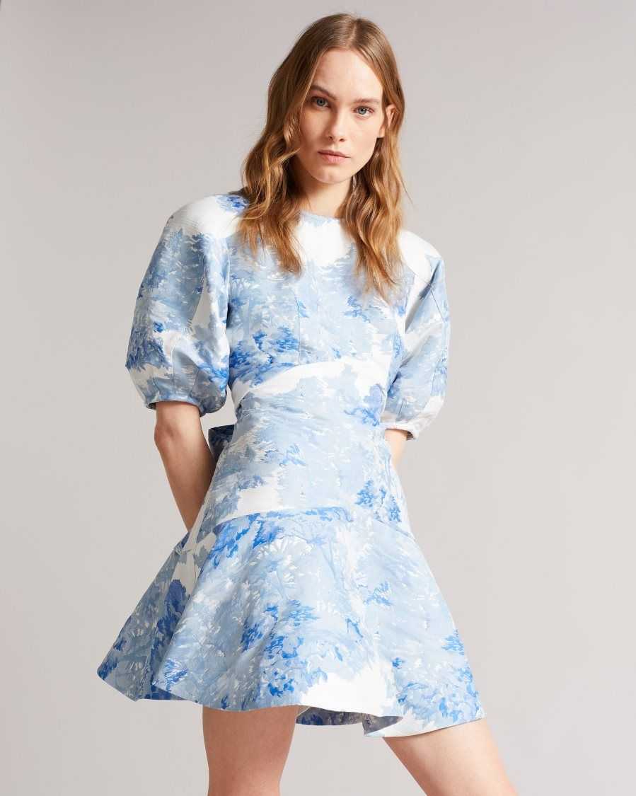 Ted Baker Phelina Puff Sleeve Jacquard Mini Dress White | 34658-ALZW