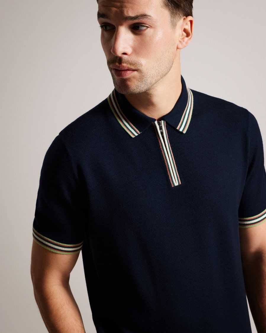 Ted Baker Pierrot Short Sleeve Stripe Trim Polo Shirt Navy | 90726-HPIM