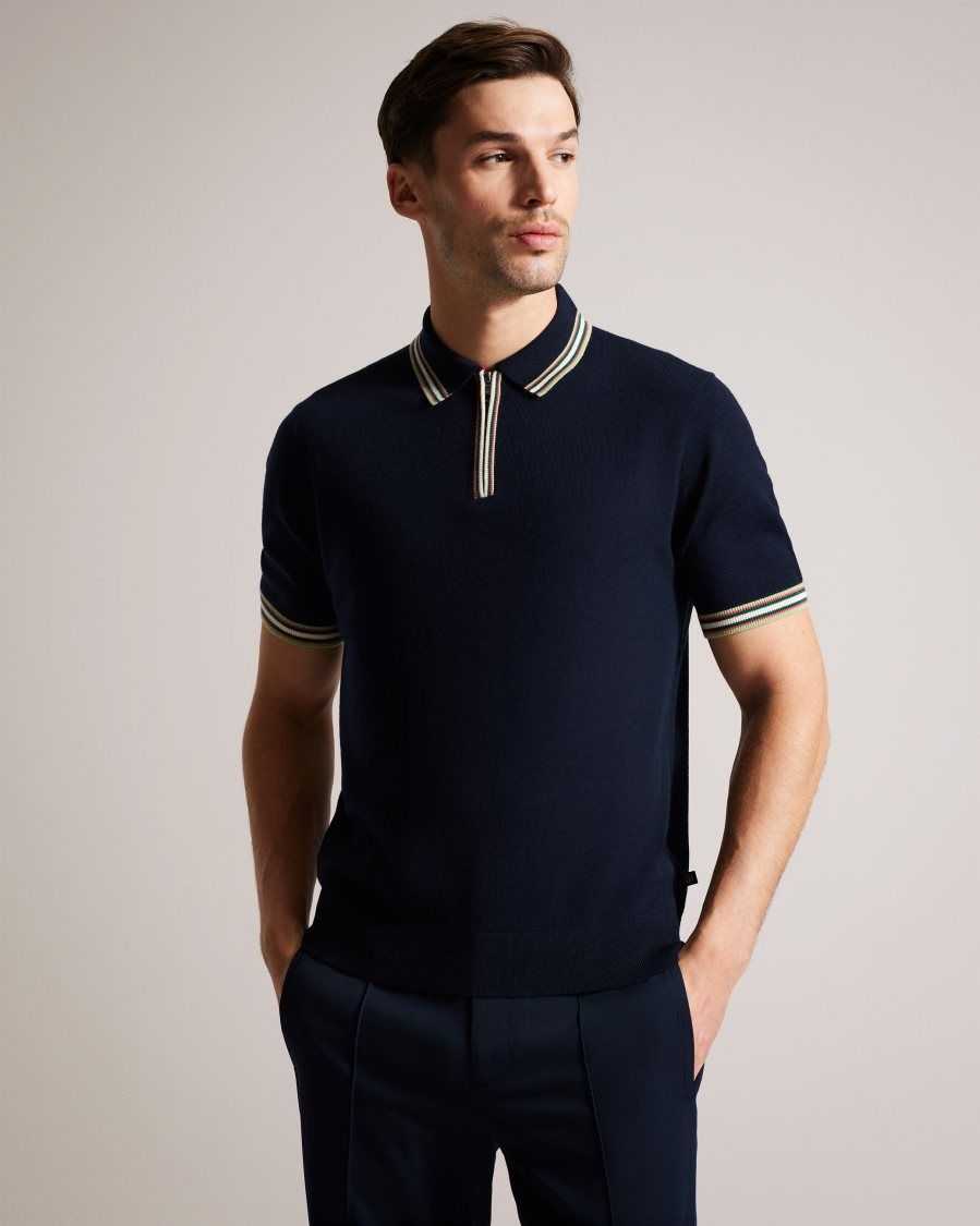 Ted Baker Pierrot Short Sleeve Stripe Trim Polo Shirt Navy | 90726-HPIM