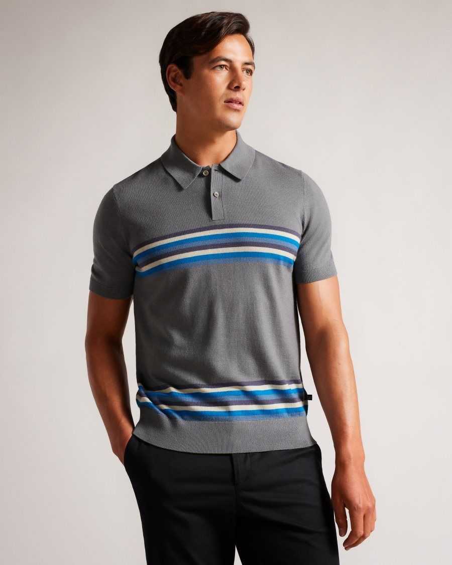 Ted Baker Pital Striped Wool Polo Shirt Medium Blue | 07215-KZLA