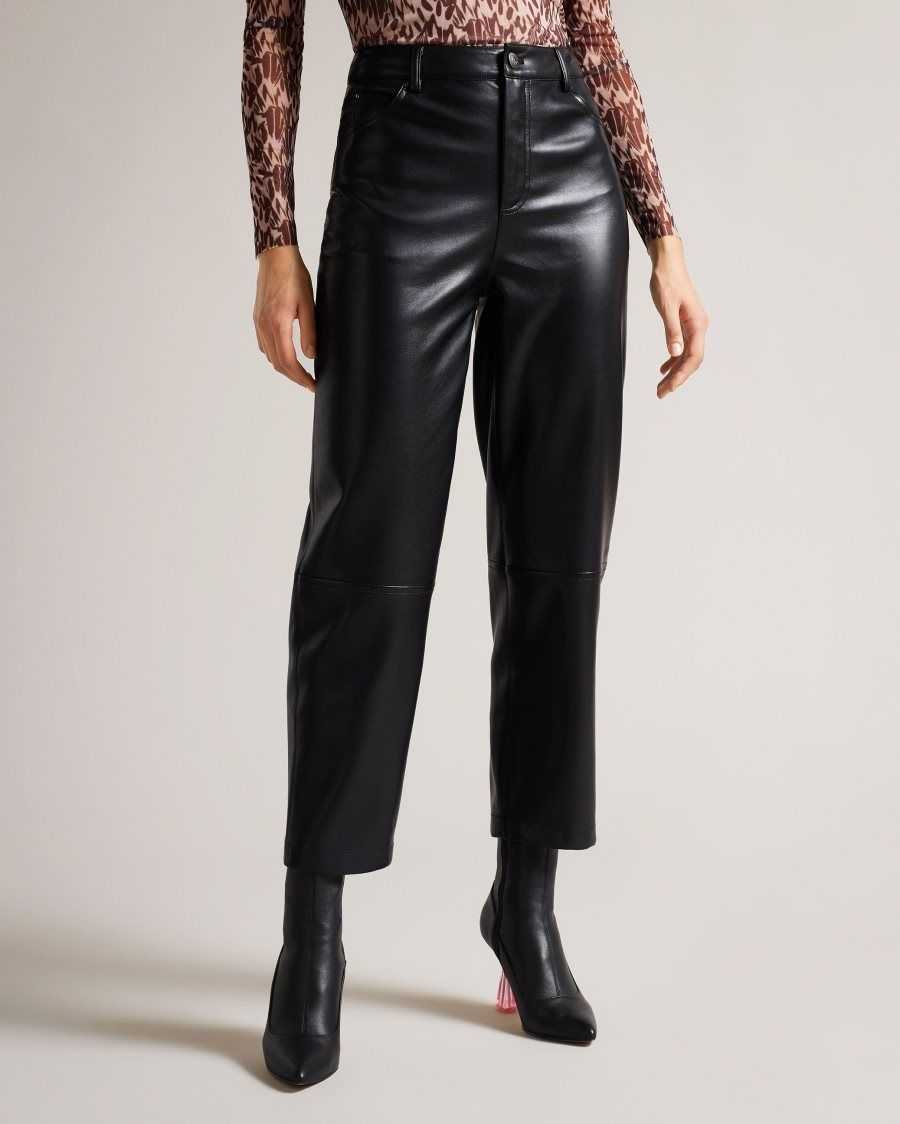 Ted Baker Plaider Straight Leg Faux Leather Trousers Black | 50971-MTJK