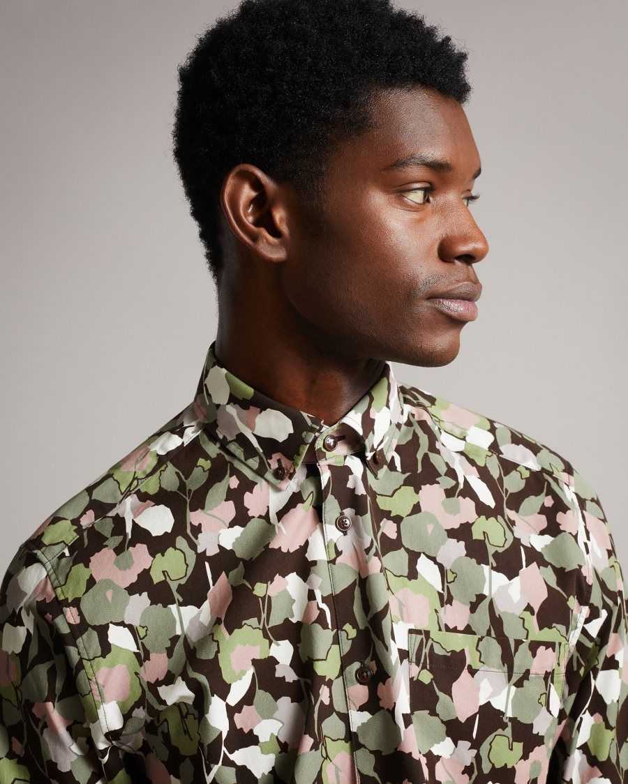 Ted Baker Poplar Long Sleeve Abstract Floral Print Shirt Brown | 27816-WOLG