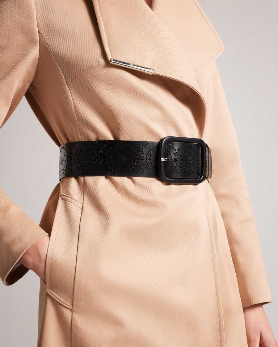 Ted Baker Prelt Laser Cut Wide Leather Belt Black | 39564-SAIP