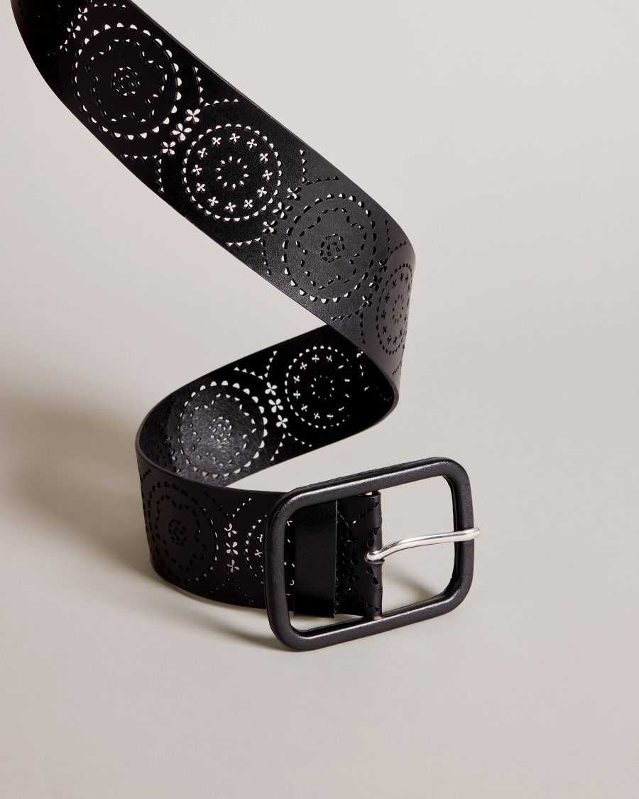 Ted Baker Prelt Laser Cut Wide Leather Belt Black | 39564-SAIP