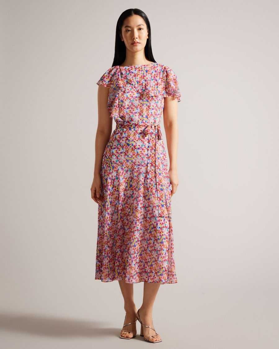 Ted Baker Priiyah Midaxi Belted Tea Dress With Ruffles White | 19208-MNUX