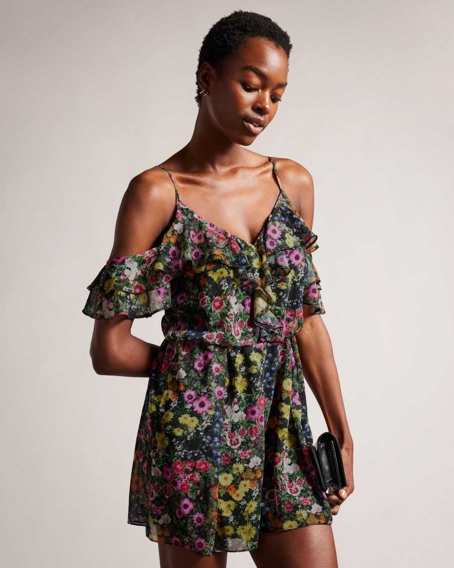 Ted Baker Priyahh Off the Shoulder Ruffle Playsuit Black | 51328-XOBJ