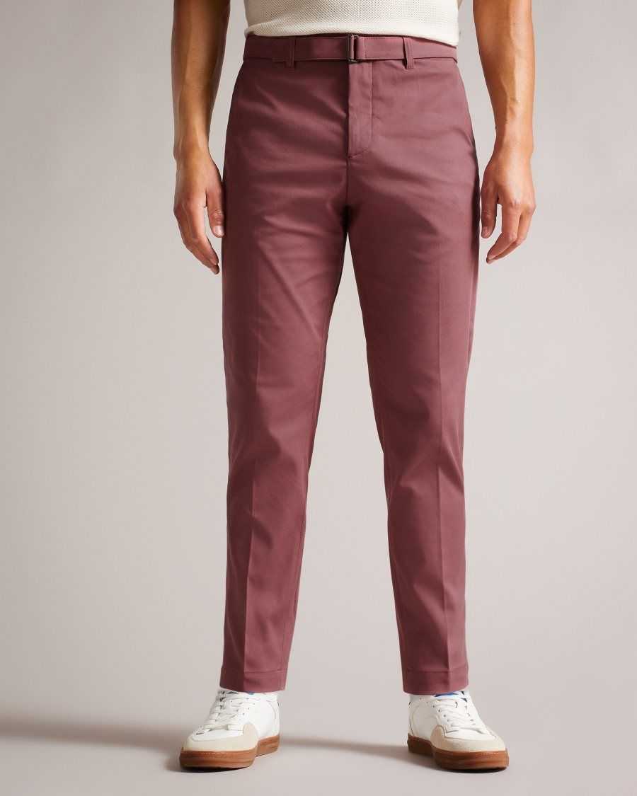 Ted Baker Quarts Belted Straight Leg Trousers Maroon | 04698-XQGF