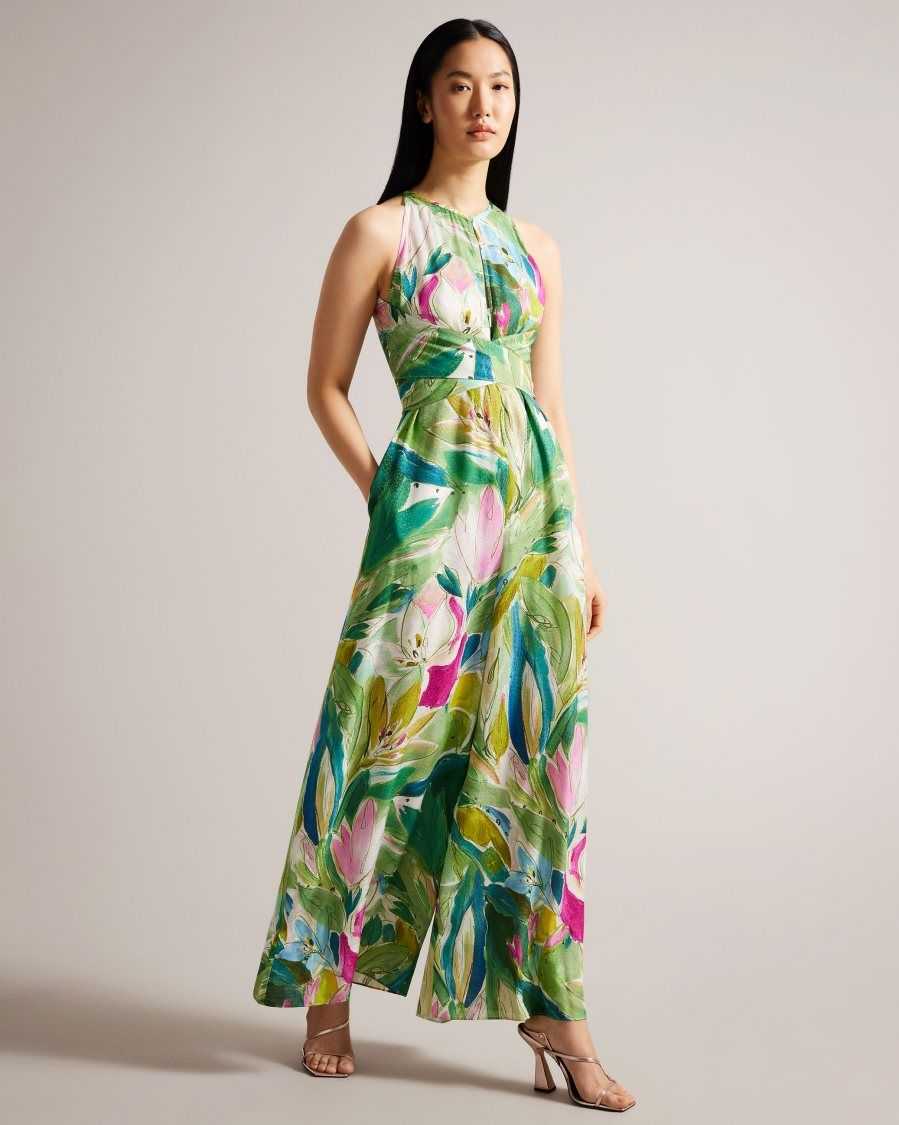 Ted Baker Rachily Halterneck Jumpsuit With Wrap Bodice Detail Green | 48627-JSLU