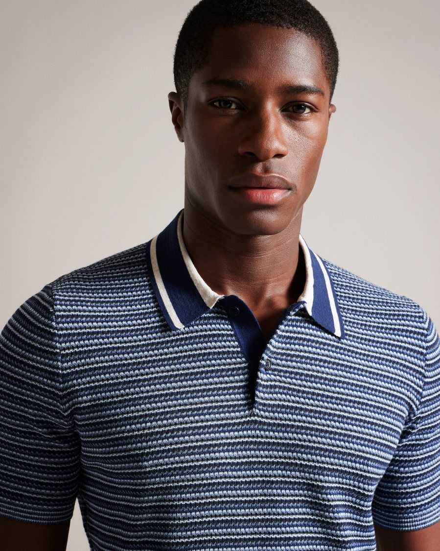 Ted Baker Radwint Short Sleeve Textured Striped Polo Shirt Dark Blue | 03284-RDSA