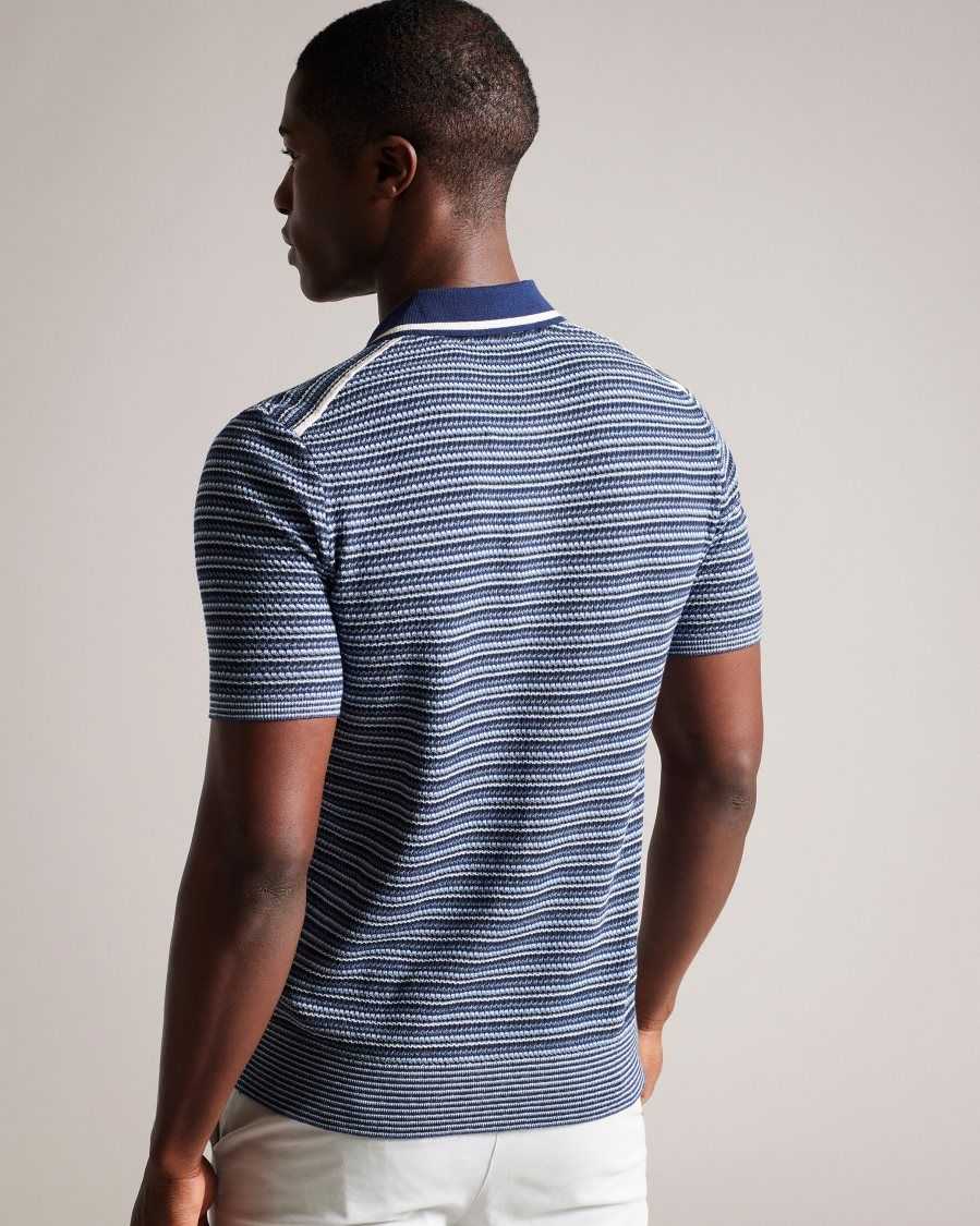 Ted Baker Radwint Short Sleeve Textured Striped Polo Shirt Dark Blue | 03284-RDSA