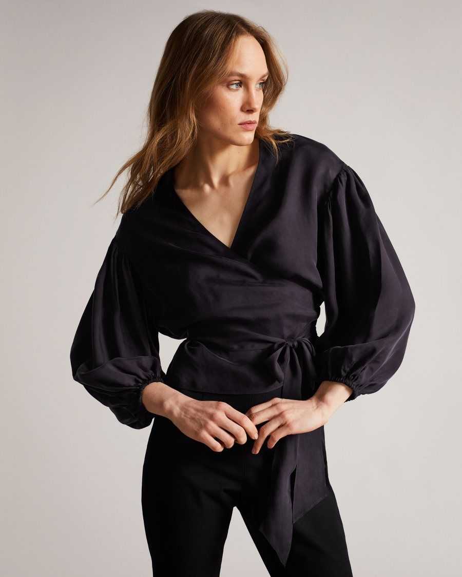 Ted Baker Ralda Wrap Top With Blouson Full Sleeve Navy | 79453-RXKU