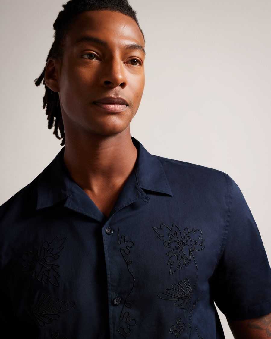 Ted Baker Ranney Short Sleeve Cotton Shirt With Floral Embroidery Navy | 53840-ROKX