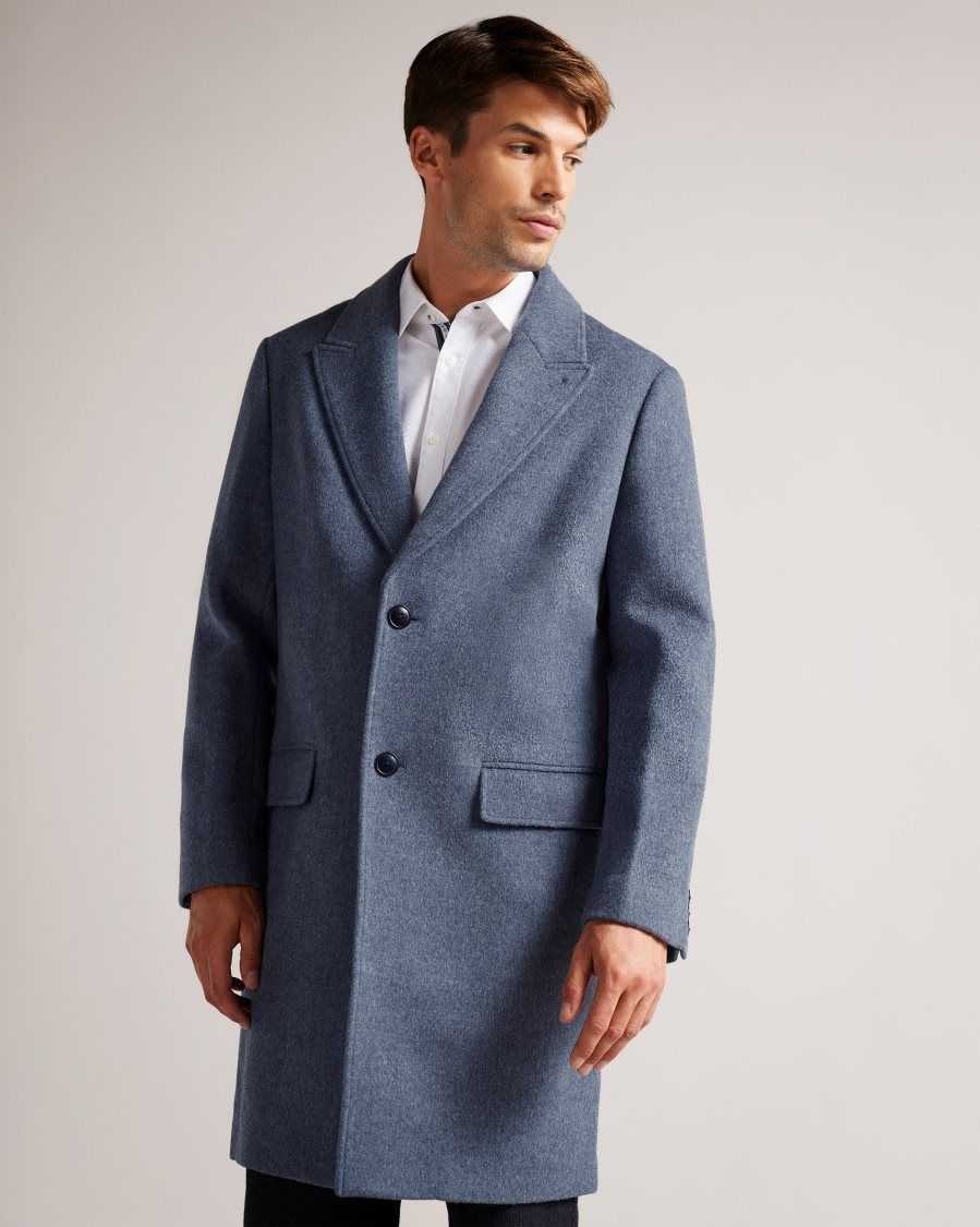 Ted Baker Raydon Pure Wool Single Breasted Overcoat Medium Blue | 48075-GQSB