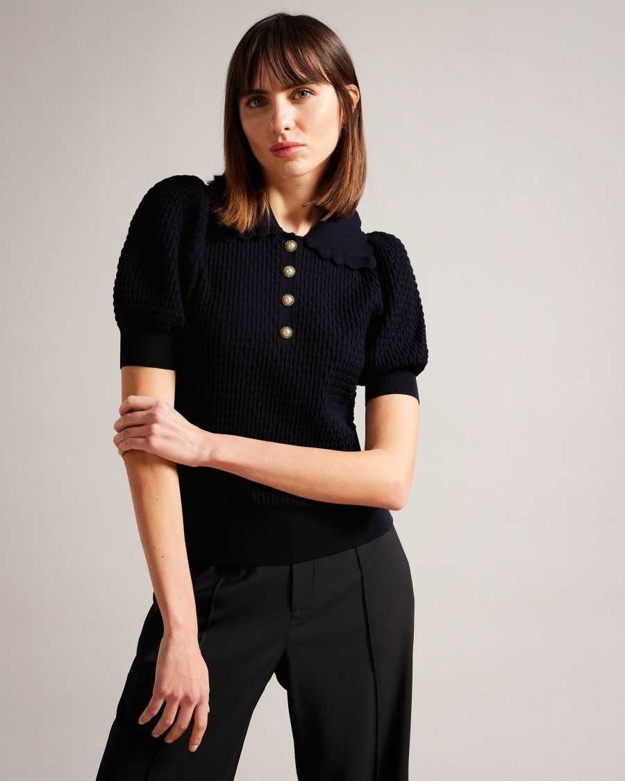 Ted Baker Reannia Polo Knit Top With Embellished Buttons Dark Blue | 71820-DKTC