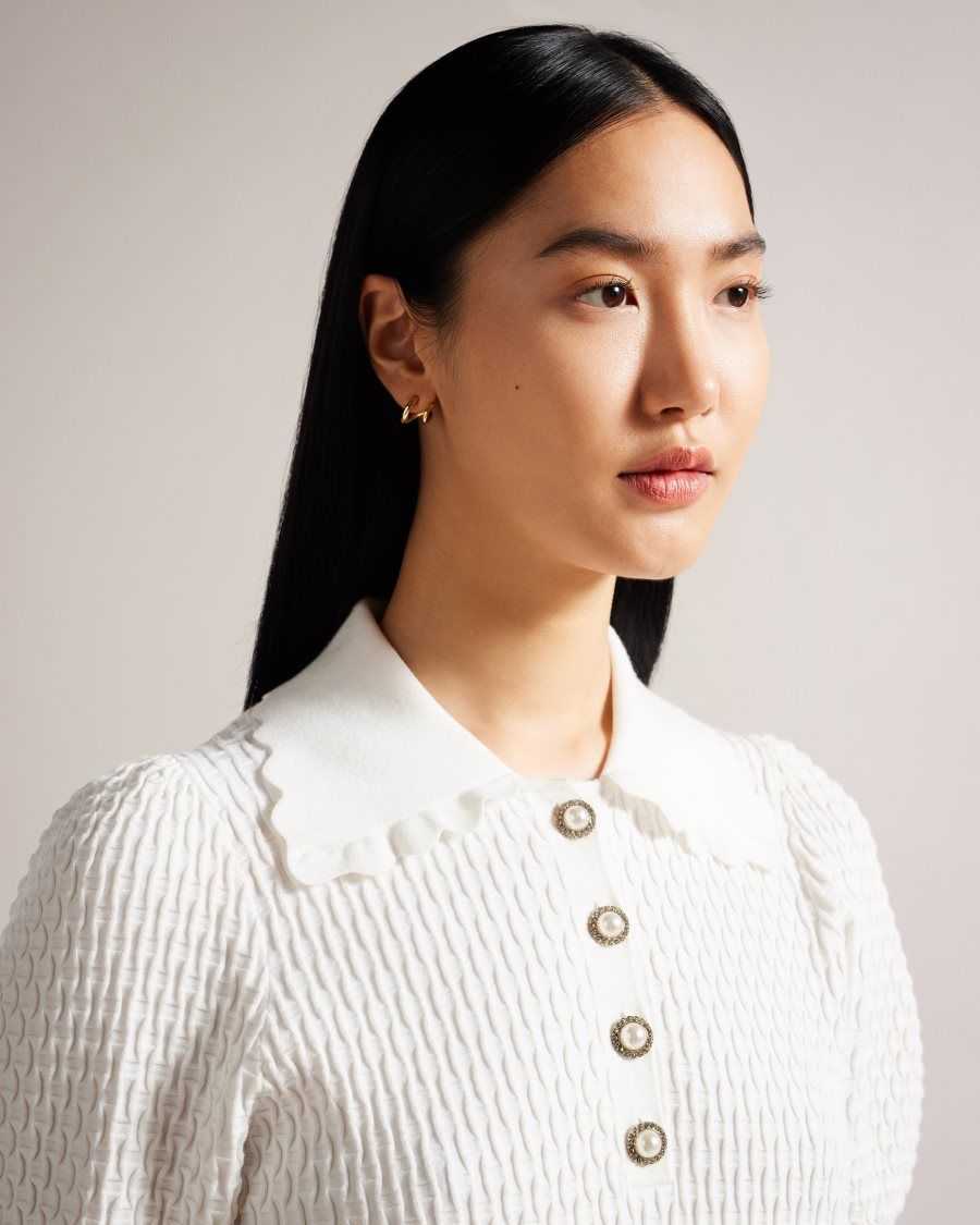 Ted Baker Reannia Polo Knit Top With Embellished Buttons White | 86395-HCIE