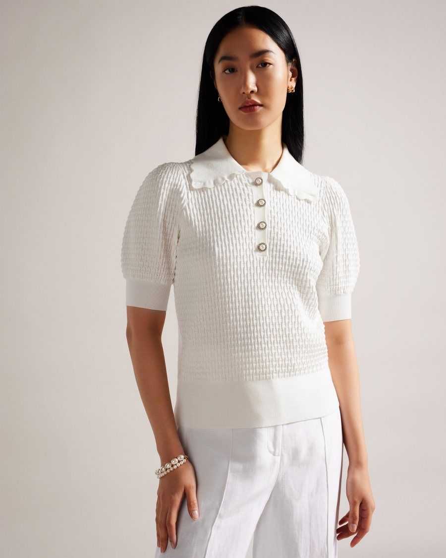 Ted Baker Reannia Polo Knit Top With Embellished Buttons White | 86395-HCIE