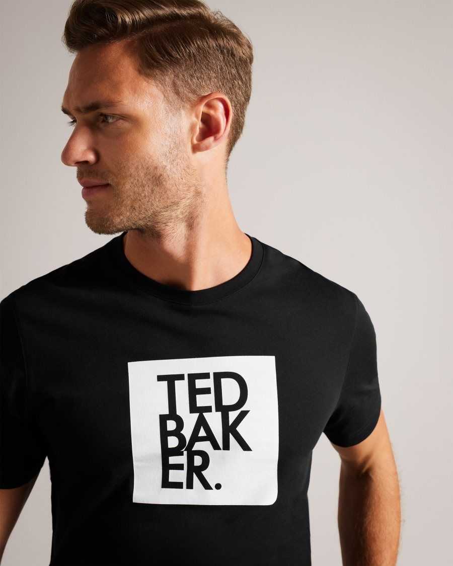 Ted Baker Rofata Short Sleeve Square Logo Graphic T-Shirt Black | 20846-YZHR