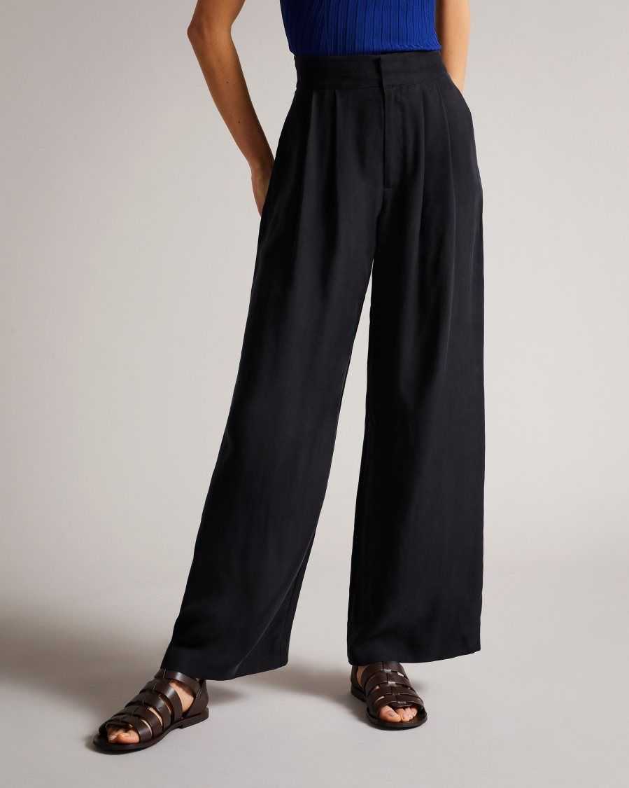 Ted Baker Ronia Pleated Wide Flood Length Trousers Navy | 62475-LRAW